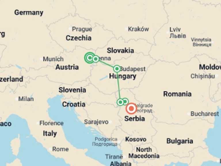Map of Balkans Tour with 6 destination visits for the trip: Vienna & Capital Cities of the Danube (2027)