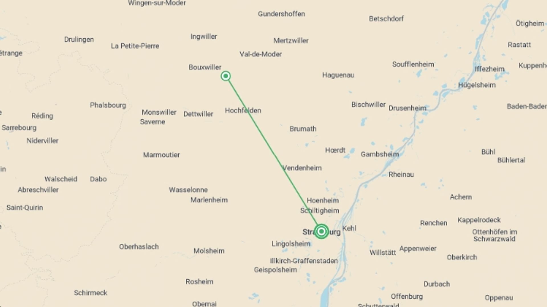 A map showing the tour itinerary for the trip: Christmas in Alsace and show at the Royal Palace (port-to-port), starting in Strasbourg, France and ending in Strasbourg, France going through 1 other destinations.