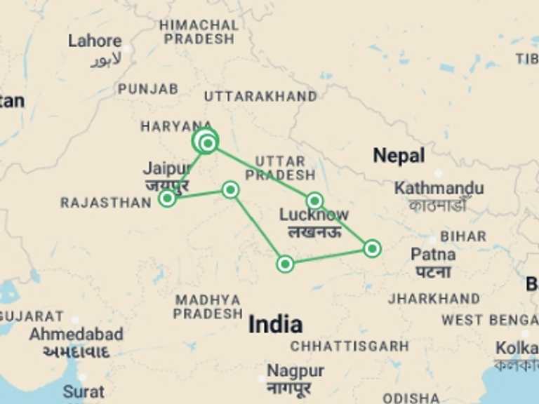 Map of Delhi & Golden Triangle Cultural, religious and historic sites Tour with 7 destination visits for the trip: Premium India Small Group Tour
