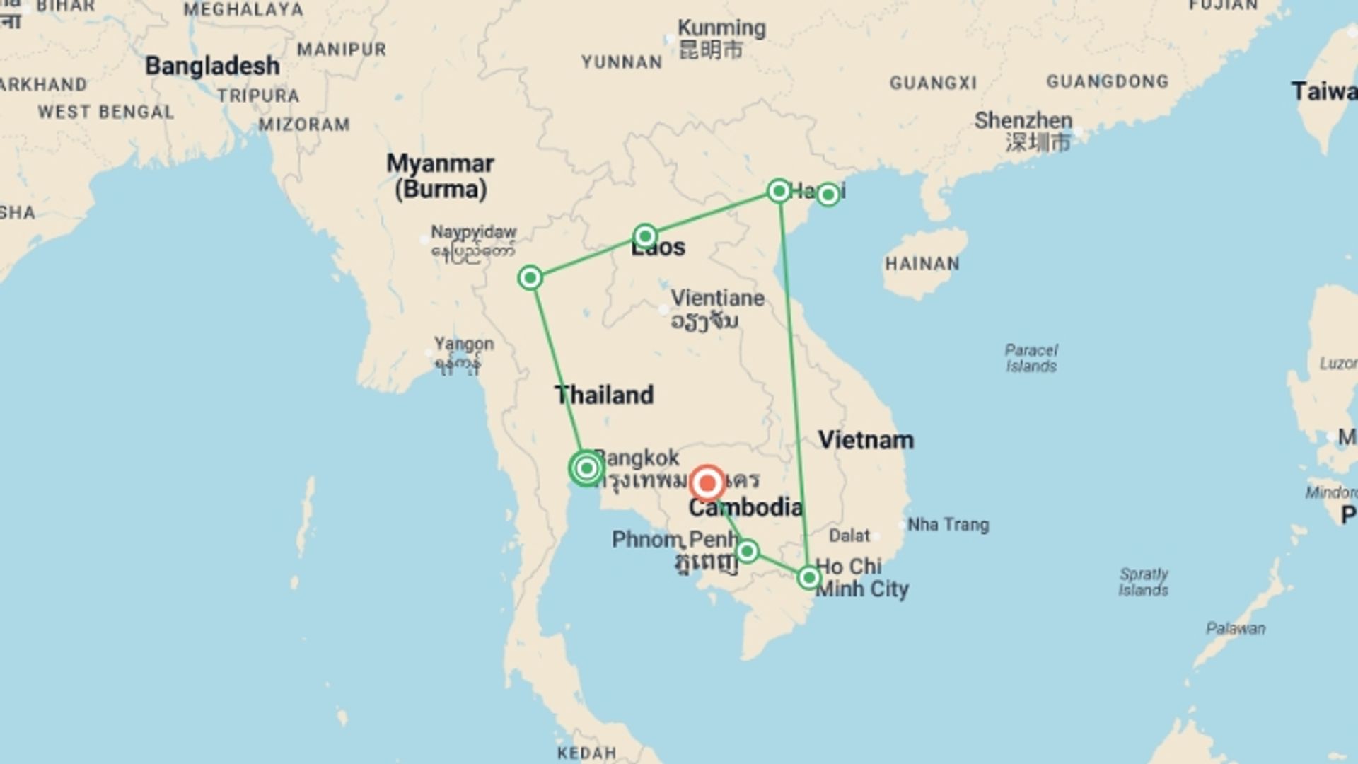 A map showing the tour itinerary for the trip: Journeys: Discover Southeast Asia, starting in Bangkok, Thailand and ending in Siem Reap, Cambodia going through 6 other destinations.