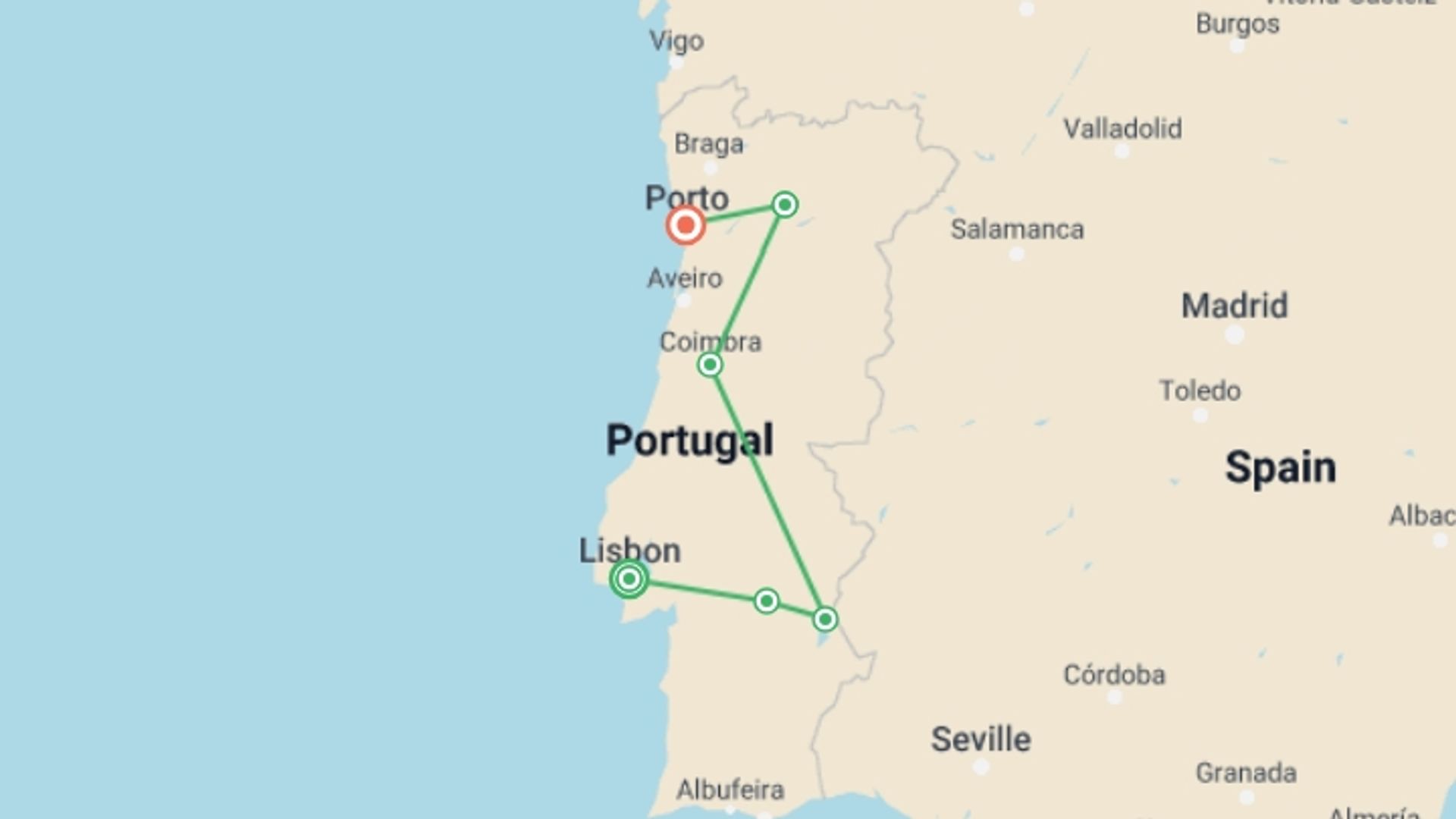 A map showing the tour itinerary for the trip: The Charming Portugal Highlights, starting in Lisbon, Portugal and ending in Porto, Portugal going through 9 other destinations.