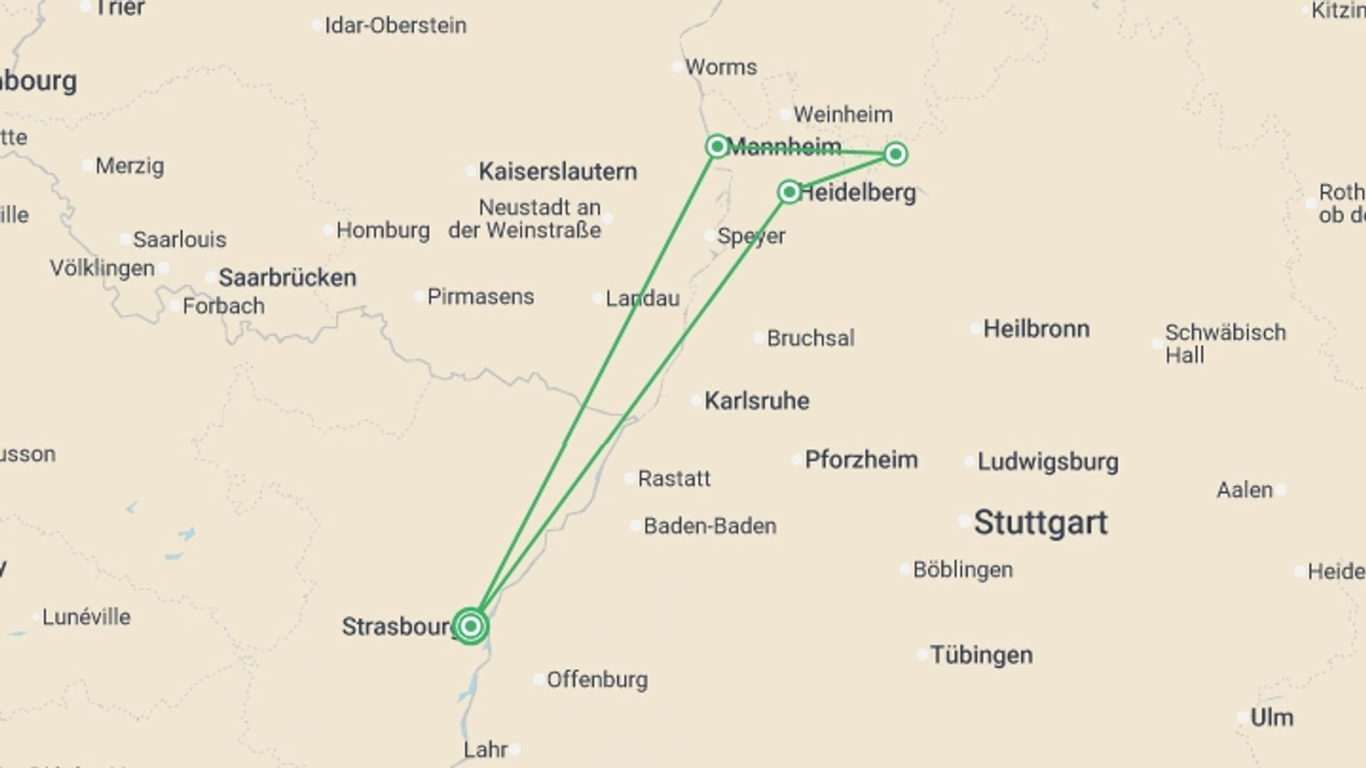 A map showing the tour itinerary for the trip: Around the World in Culinary Delights (port-to-port cruise), starting in Strasbourg, France and ending in Strasbourg, France going through 2 other destinations.