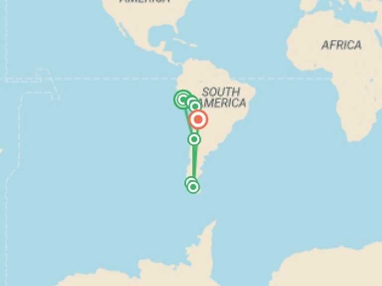 Map of a Cultural, religious and historic sites Tour with 9 destination visits for the trip: Best of Peru And Chile