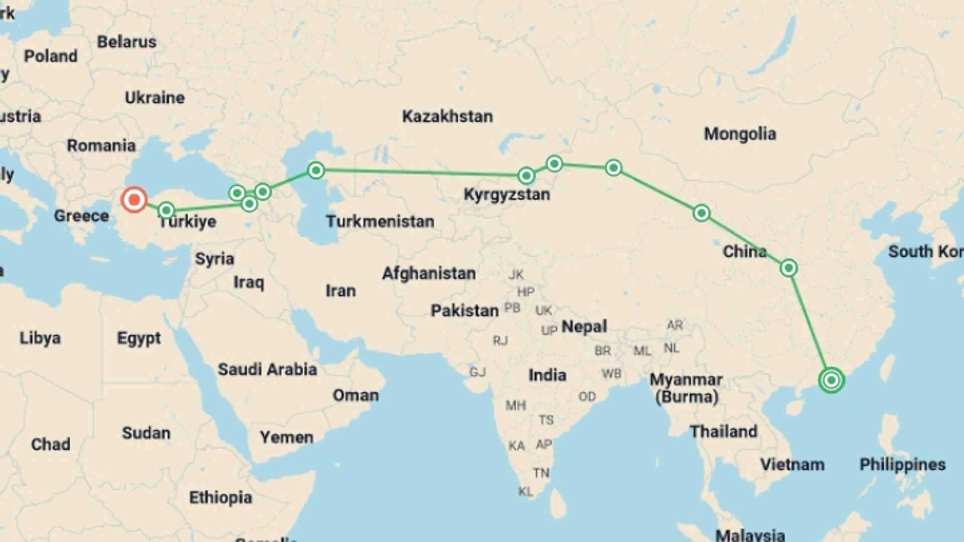 A map showing the tour itinerary for the trip: Silk Road Discovery, starting in Hong Kong, Hong Kong and ending in Istanbul, Turkey going through 10 other destinations.