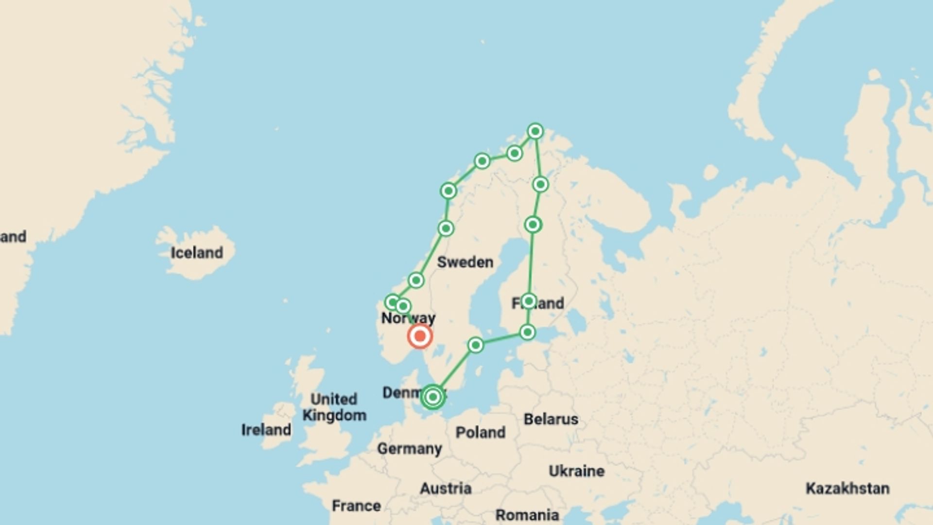 A map showing the tour itinerary for the trip: Nordic Adventure, starting in Copenhagen, Denmark and ending in Oslo, Norway going through 12 other destinations.