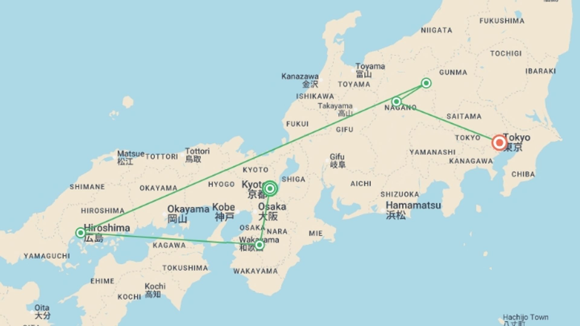 A map showing the tour itinerary for the trip: Classic Japan, starting in Kyoto, Japan and ending in Tokyo, Japan going through 4 other destinations.