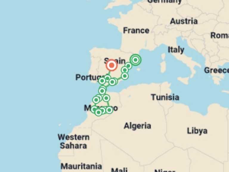 Map itinerary of Spain Tour in August 2026 with 11 destination visits for the trip: Spain and Magical Morocco