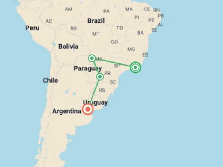 Map itinerary of Africa Tour in February 2027 with 5 destination visits for the trip: RIO to BUENOS AIRES  (26 days) Waterfalls, Wetland