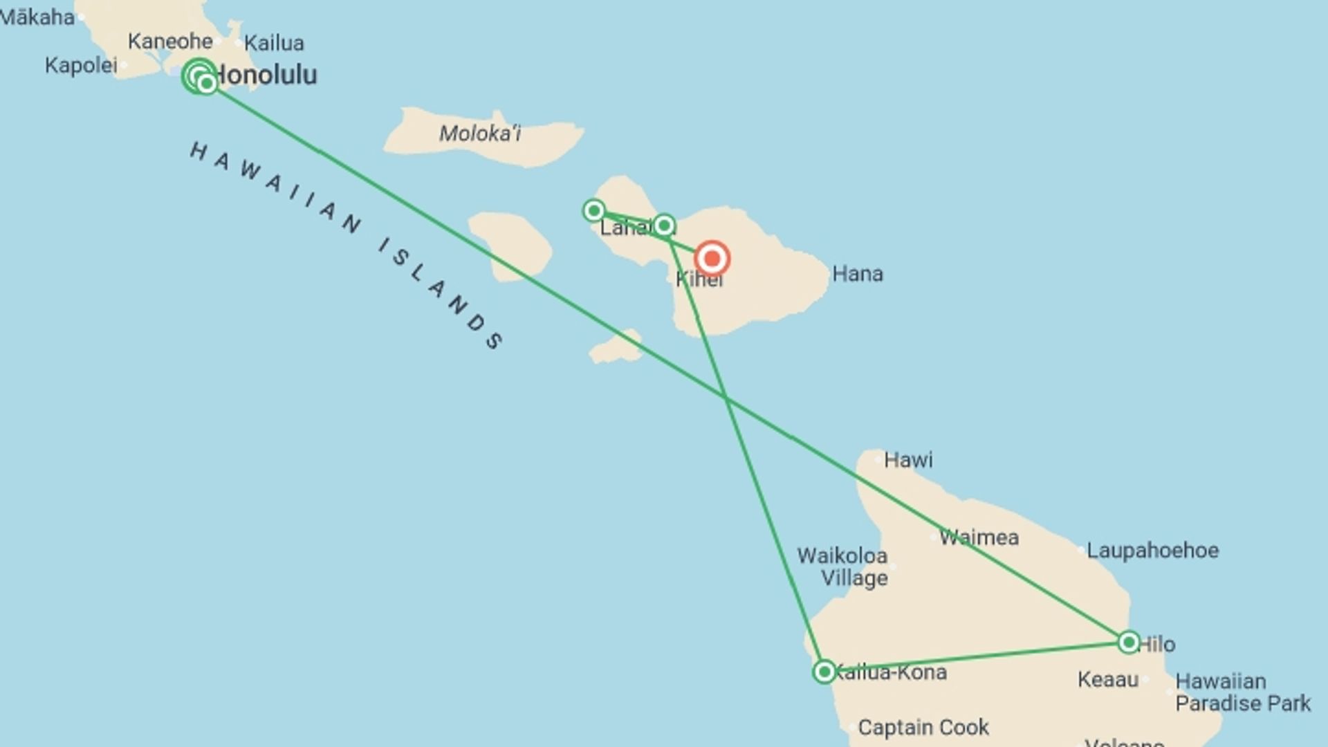 A map showing the tour itinerary for the trip: Hawaiian Adventure Three Islands featuring O'ahu, Big Island and Maui, starting in Honolulu, USA and ending in Maui, USA going through 4 other destinations.