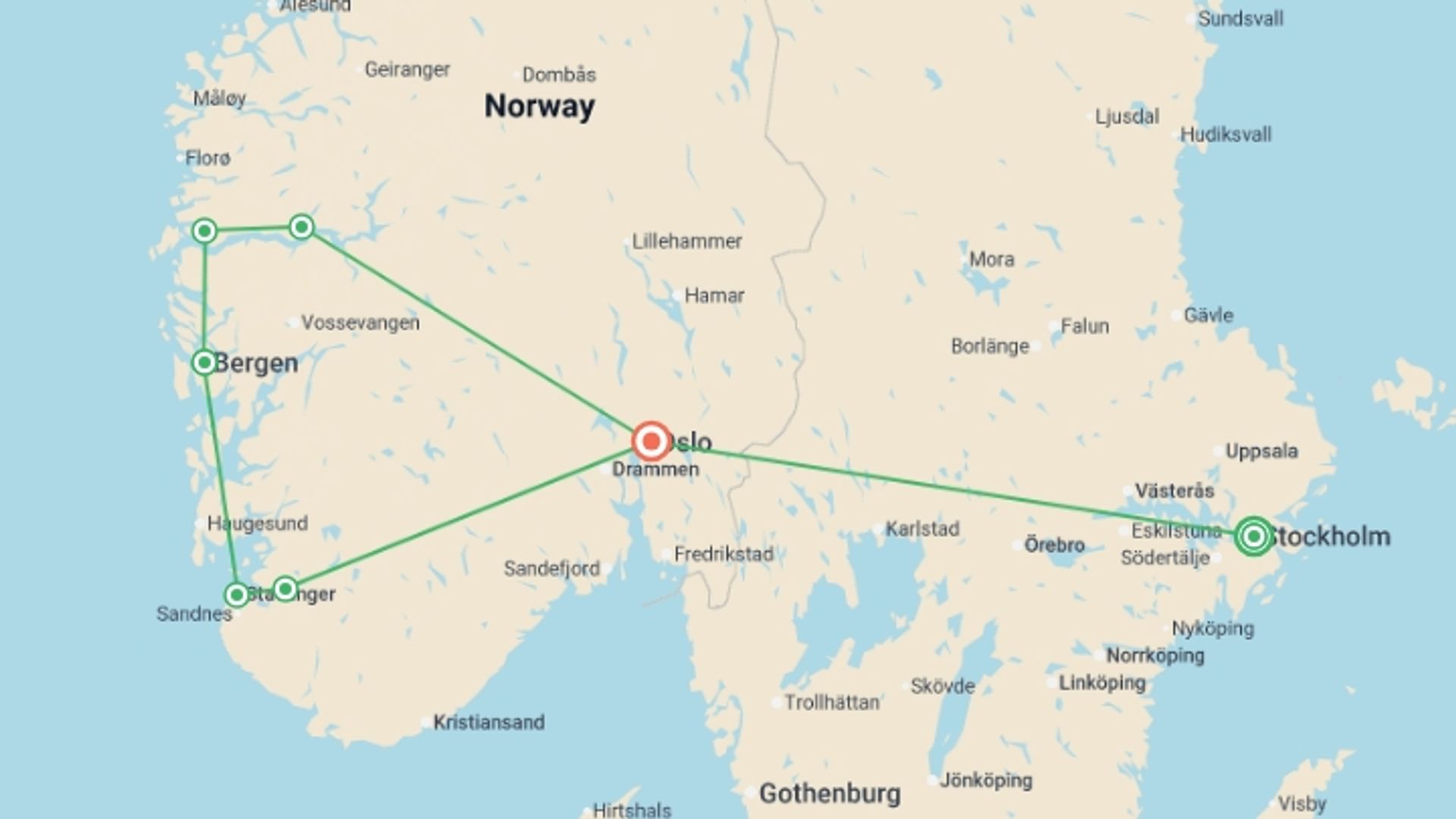 A map showing the tour itinerary for the trip: Magic of the Fjords Encompassed From Stockholm - 12 days, starting in Stockholm, Sweden and ending in Oslo, Norway going through 5 other destinations.