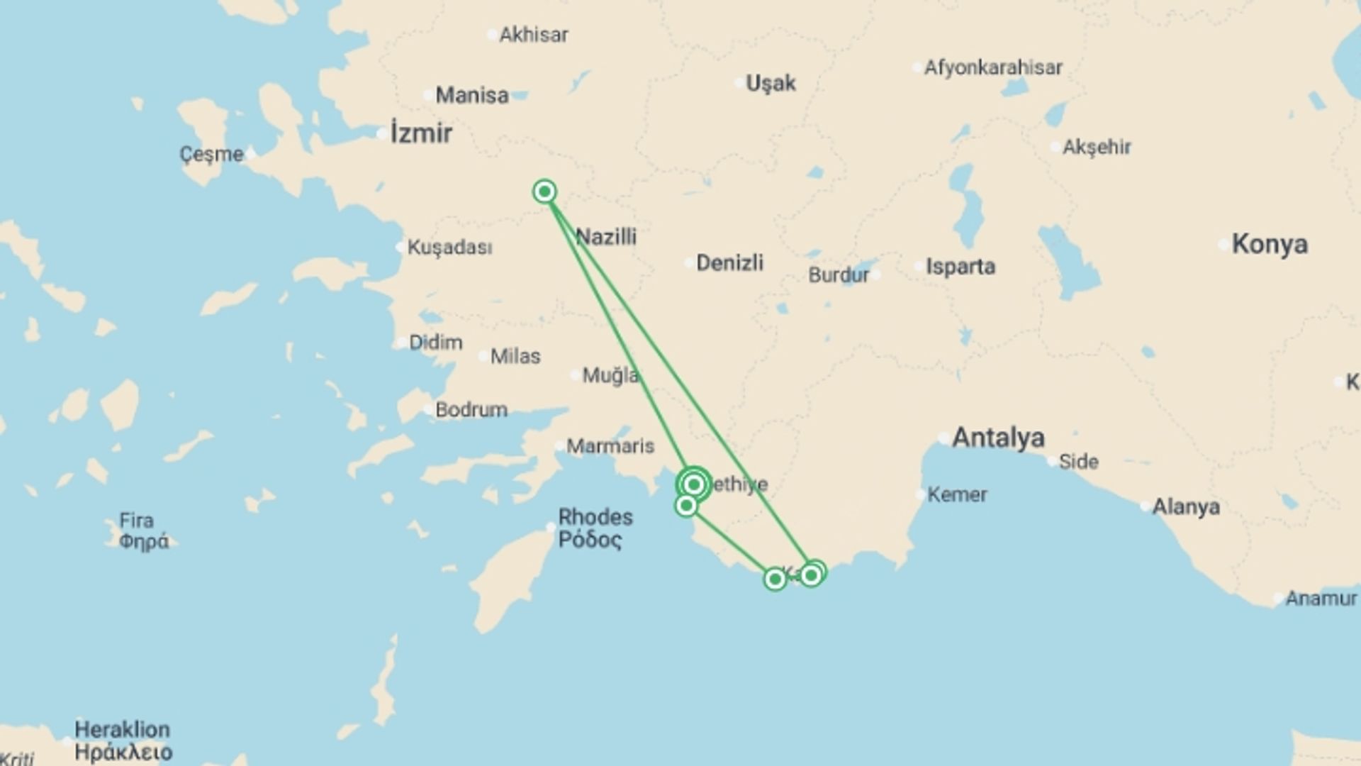 A map showing the tour itinerary for the trip: Cruise Turkey - 8 days, starting in Fethiye, Turkey and ending in Fethiye, Turkey going through 5 other destinations.
