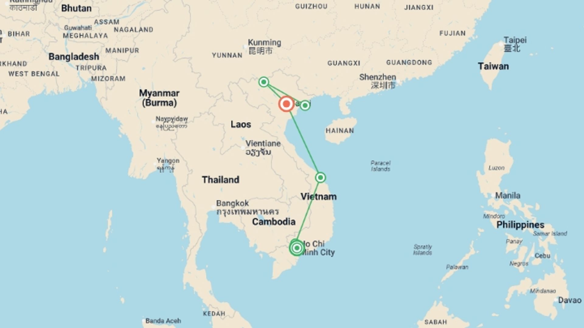 A map showing the tour itinerary for the trip: Vietnam Family Fun - 9 days, starting in Ho Chi Minh City, Vietnam and ending in Hanoi, Vietnam going through 4 other destinations.