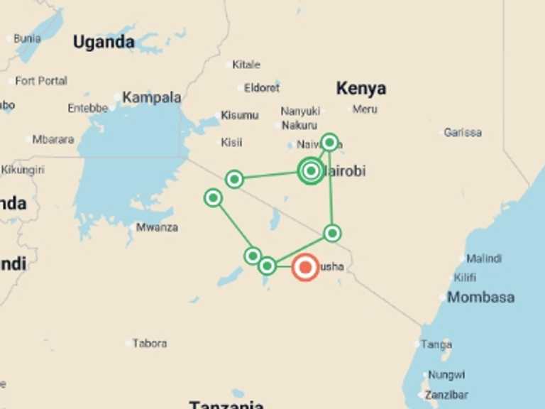Map of Africa Wildlife safaris and game drives Tour with 7 destination visits for the trip: Kenya and Tanzania Adventure