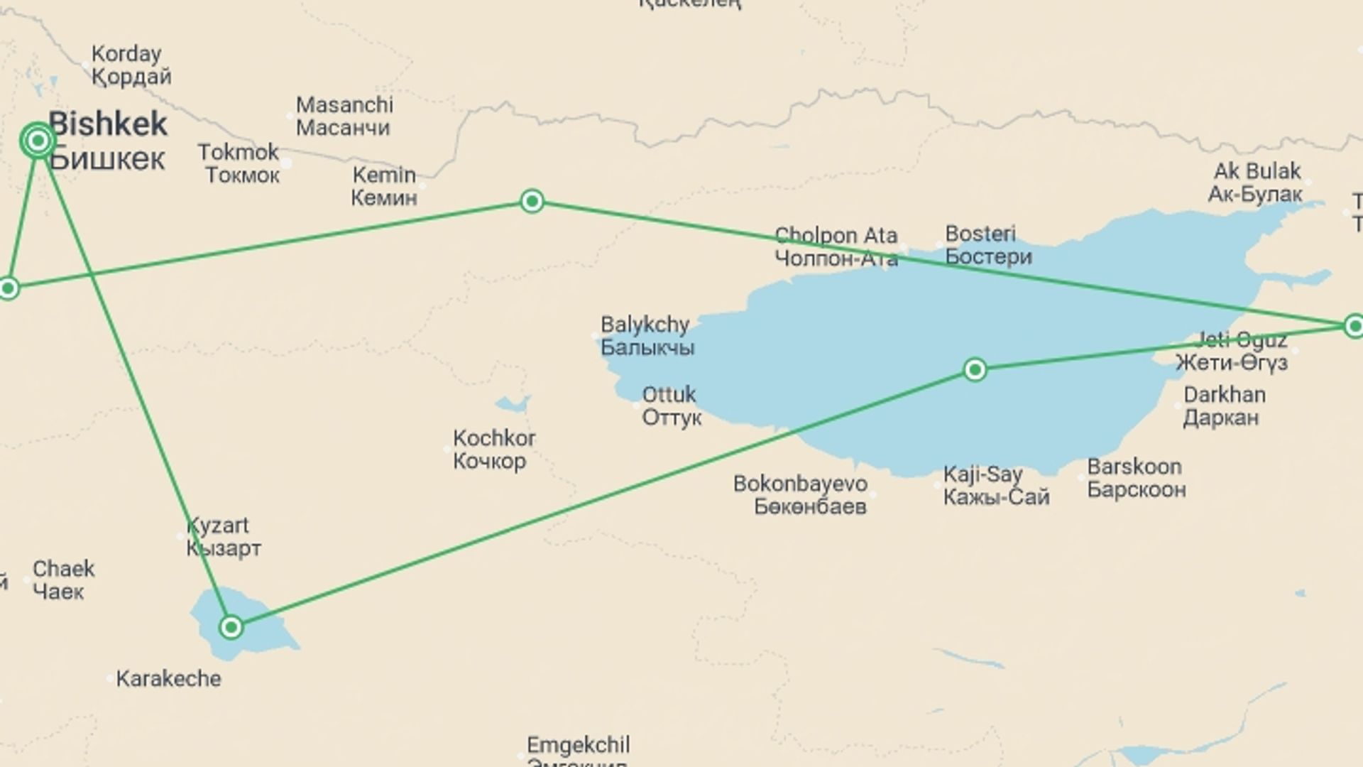 A map showing the tour itinerary for the trip: Kyrgyzstan Walking Explorer, starting in Bishkek, Kyrgyzstan and ending in Bishkek, Kyrgyzstan going through 5 other destinations.