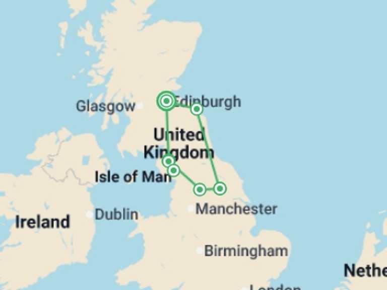 Map of 5-Day UK and Britain Tour with 3 destination visits for the trip: York, Windermere & Hadrian's Wall (Hotel) - 5 days