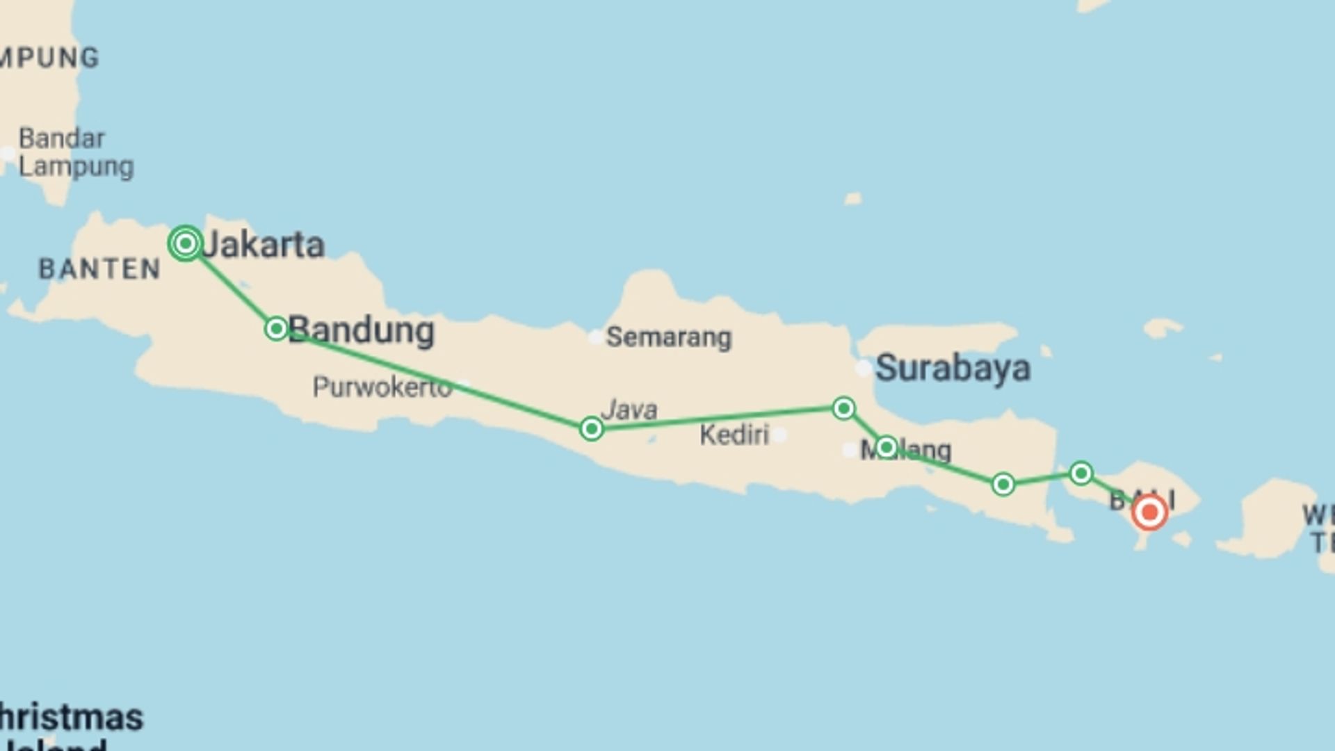A map showing the tour itinerary for the trip: Jakarta to Ubud, starting in Jakarta, Indonesia and ending in Ubud, Indonesia going through 6 other destinations.