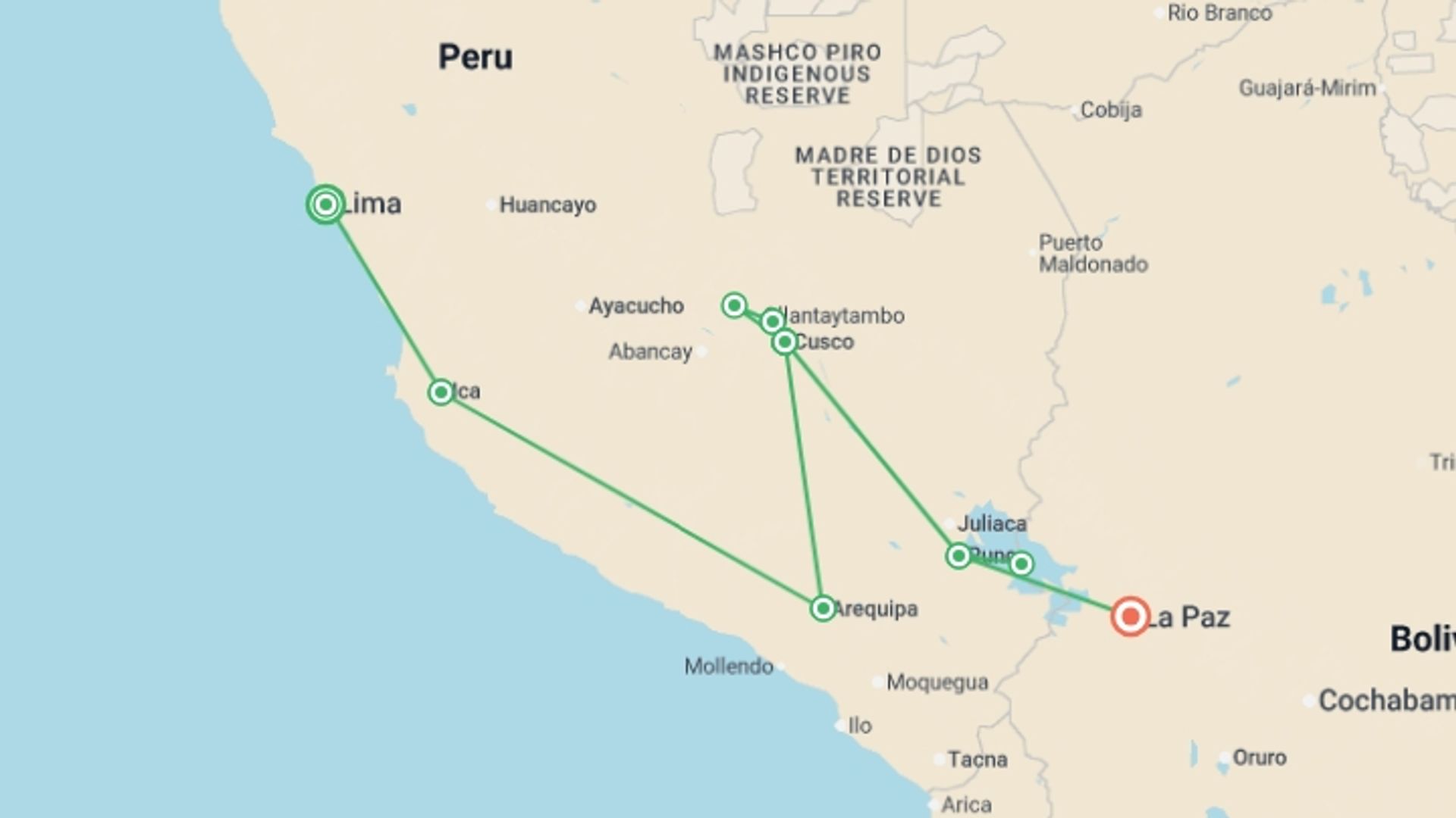 A map showing the tour itinerary for the trip: Lima to La Paz, starting in Lima, Peru and ending in La Paz, Bolivia going through 6 other destinations.