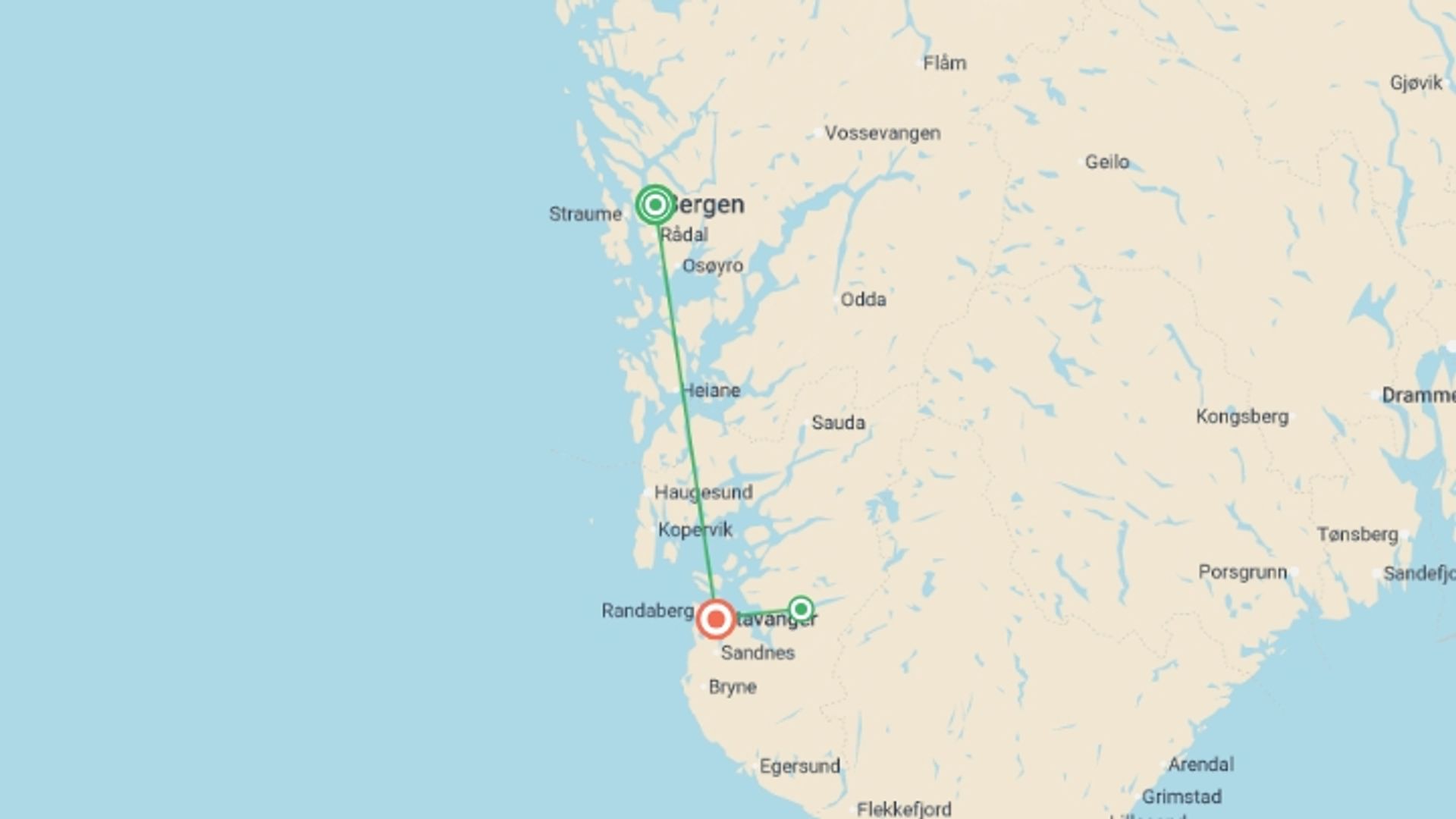 A map showing the tour itinerary for the trip: Bergen to Stavanger Express - 5 days, starting in Bergen, Norway and ending in Stavanger, Norway going through 0 other destinations.