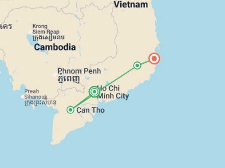 Map itinerary of Vietnam Tour in July 2026 with 4 destination visits for the trip: Vietnam Beach Fun Holiday - 9 days