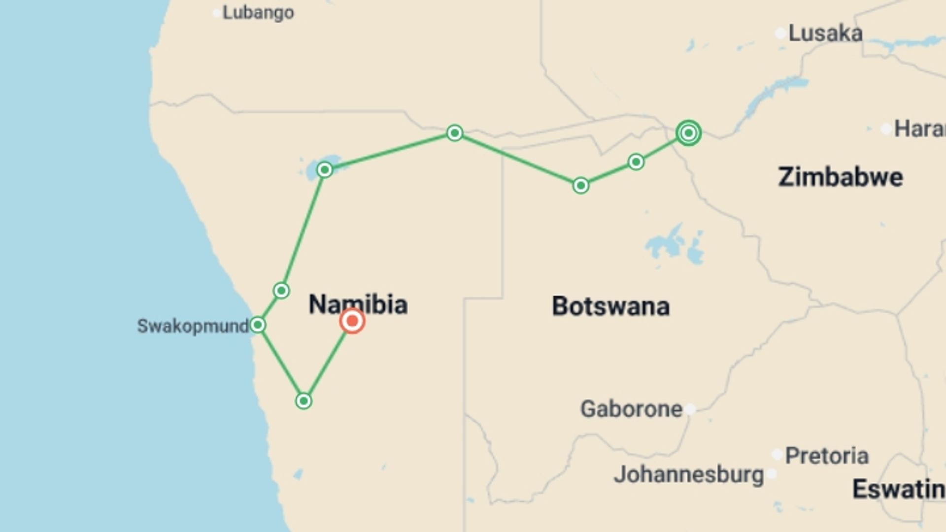 A map showing the tour itinerary for the trip: Chobe, Okavango & Etosha - 14 days, starting in Victoria Falls, Zimbabwe and ending in Windhoek, Namibia going through 7 other destinations.
