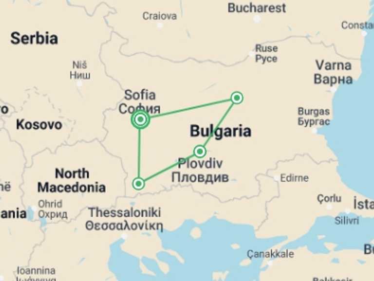 Map of Bulgaria Tour with 4 destination visits for the trip: Authentic Bulgaria