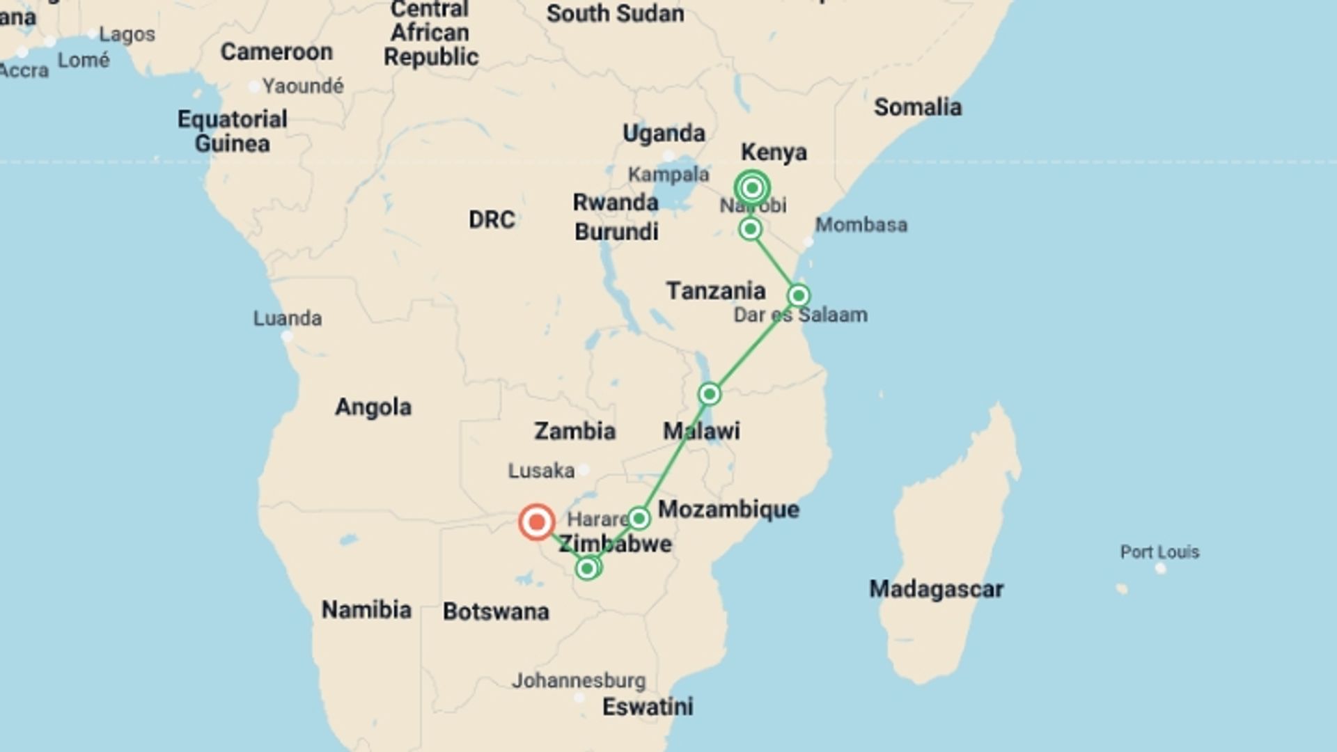 A map showing the tour itinerary for the trip: Nairobi To Victoria Falls (34 Days), starting in Nairobi, Kenya and ending in Victoria Falls, Zimbabwe going through 7 other destinations.