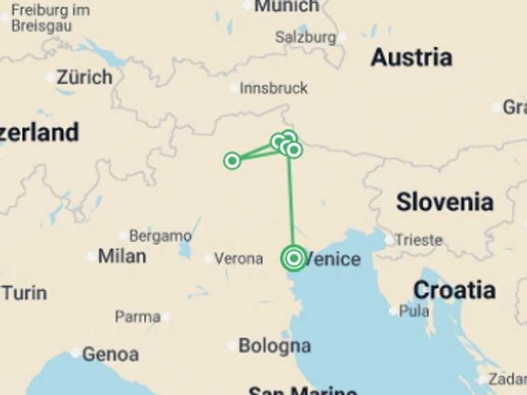 Map itinerary of Venice Tour in September 2026 with 6 destination visits for the trip: Hiking in the Dolomites