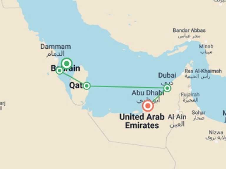 Map itinerary of Dubai Tour in December 2025 with 5 destination visits for the trip: Bahrain, Qatar, Dubai and Abu Dhabi