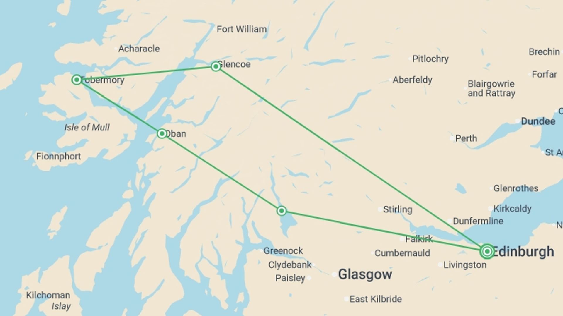 A map showing the tour itinerary for the trip: Mull, Iona & Highlands (Hotel) - 4 days, starting in Edinburgh, Scotland and ending in Edinburgh, Scotland going through 1 other destinations.