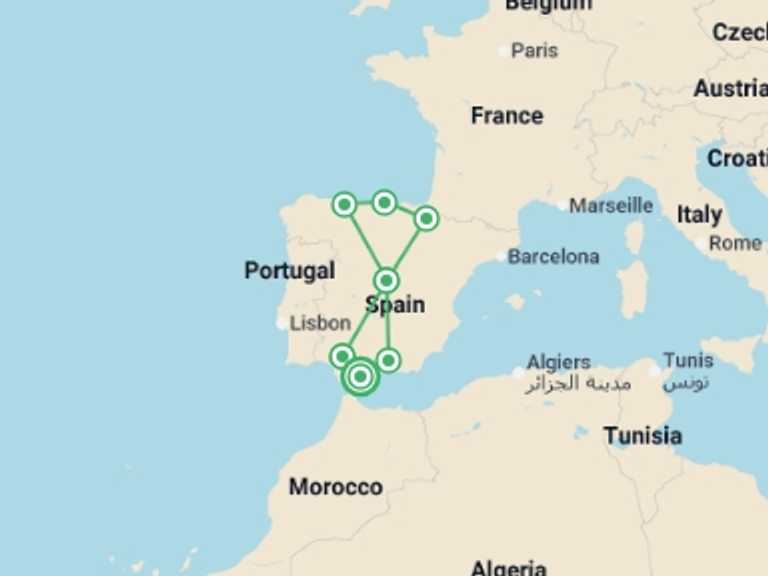 Map itinerary of Europe Tour in May 2026 with 7 destination visits for the trip: Spain South to North - 9 days