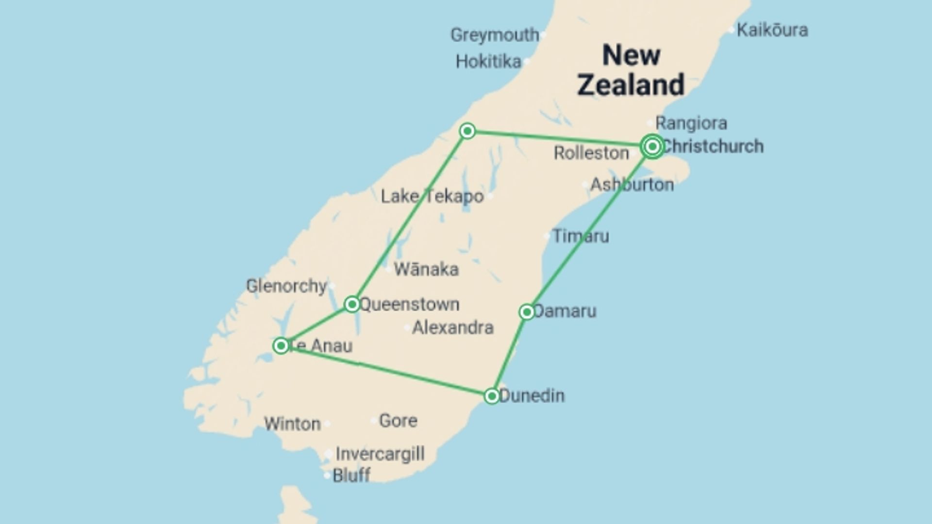 A map showing the tour itinerary for the trip: Solo South Island Escape (Superior) - 11 days, starting in Christchurch, New Zealand and ending in Christchurch, New Zealand going through 4 other destinations.