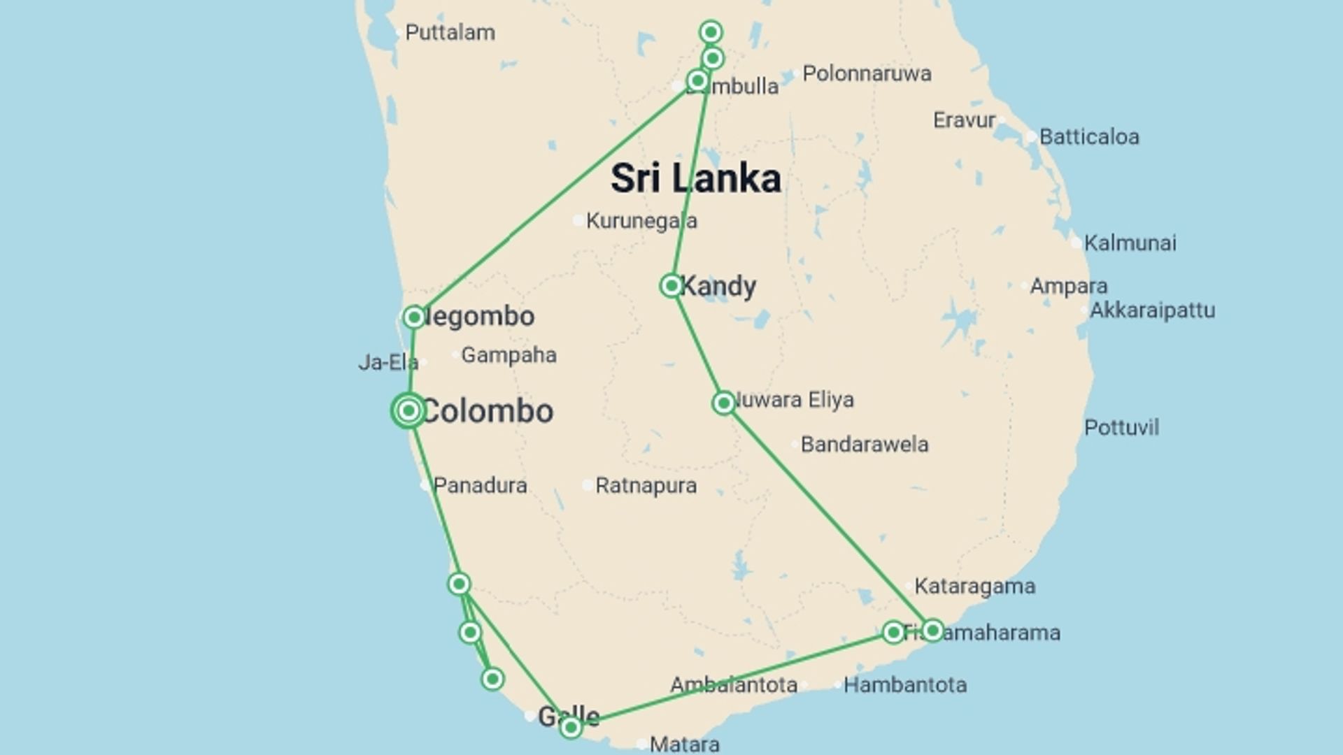 A map showing the tour itinerary for the trip: Sri Lanka Highlights: Tea, Temples & Safari, Private Tour, starting in Colombo, Sri Lanka and ending in Colombo, Sri Lanka going through 7 other destinations.