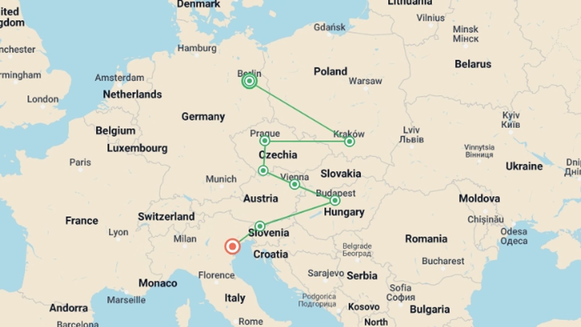A map showing the tour itinerary for the trip: Real Central Europe, starting in Berlin, Germany and ending in Venice, Italy going through 6 other destinations.