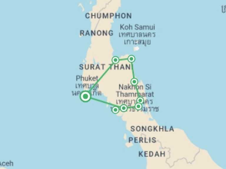 Map of Thailand Tour with 6 destination visits for the trip: Andaman To Gulf, Private Tour