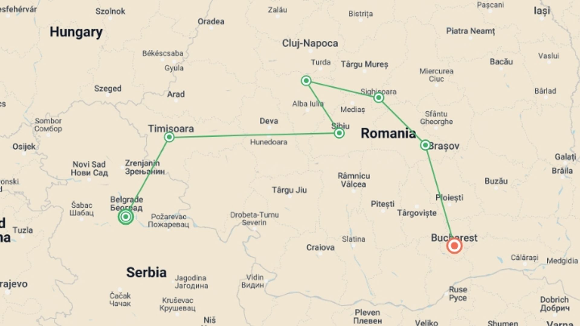 A map showing the tour itinerary for the trip: Premium Belgrade to Bucharest, starting in Belgrade, Serbia and ending in Bucharest, Romania going through 5 other destinations.