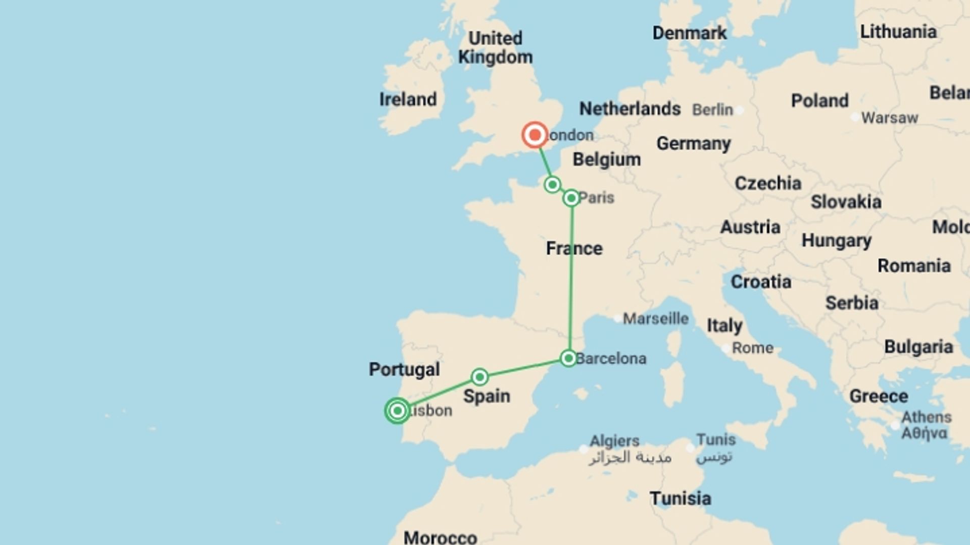 A map showing the tour itinerary for the trip: From Lisbon to Paris with London, starting in Lisbon, Portugal and ending in London, England going through 4 other destinations.