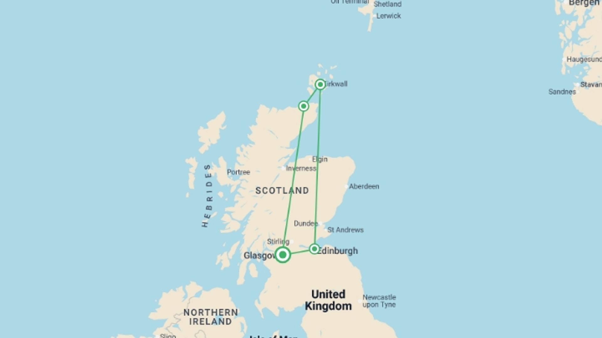 A map showing the tour itinerary for the trip: Expedition Through the Scottish Isles: Where Land Meets Legend, starting in Glasgow, Scotland and ending in Glasgow, Scotland going through 4 other destinations.