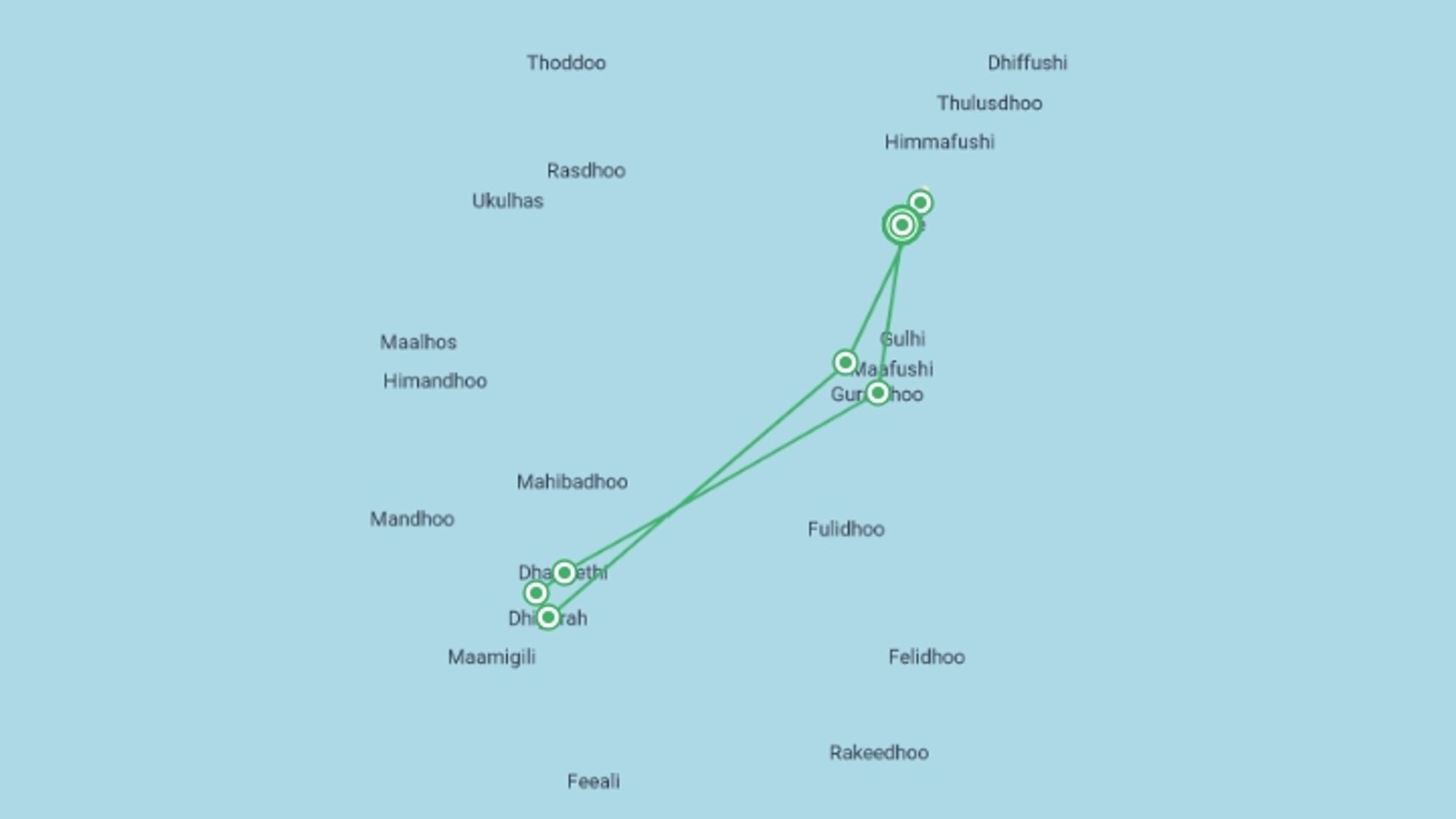 A map showing the tour itinerary for the trip: Marine Wildlife of the Maldives, starting in Male, Maldives and ending in Male, Maldives going through 6 other destinations.