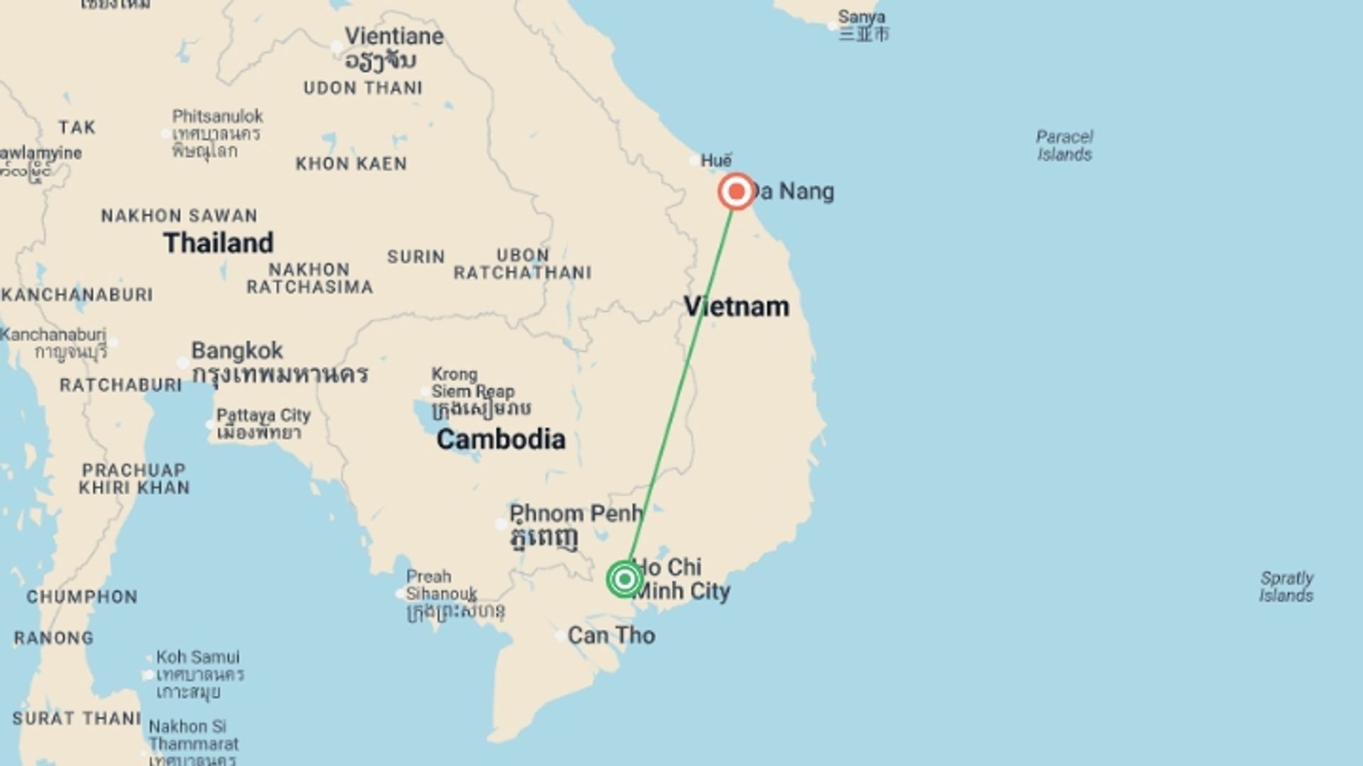 A map showing the tour itinerary for the trip: Saigon to the Delta & My Khe Beach (Deluxe) - 8 days , starting in Ho Chi Minh City, Vietnam and ending in Da Nang, Vietnam going through 0 other destinations.