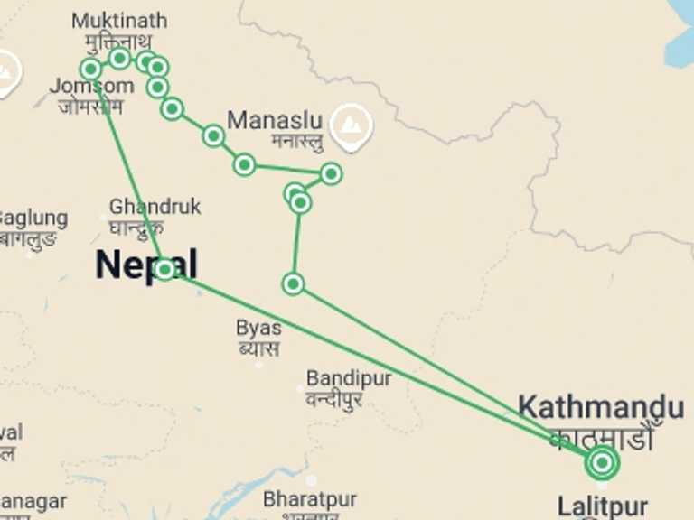 Map itinerary of Nepal Tour in Winter with 12 destination visits for the trip: Annapurna Circuit trek