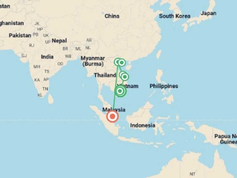 Map of Asia Tour with 8 destination visits for the trip: Vietnam & Singapore Discovery - 13 days