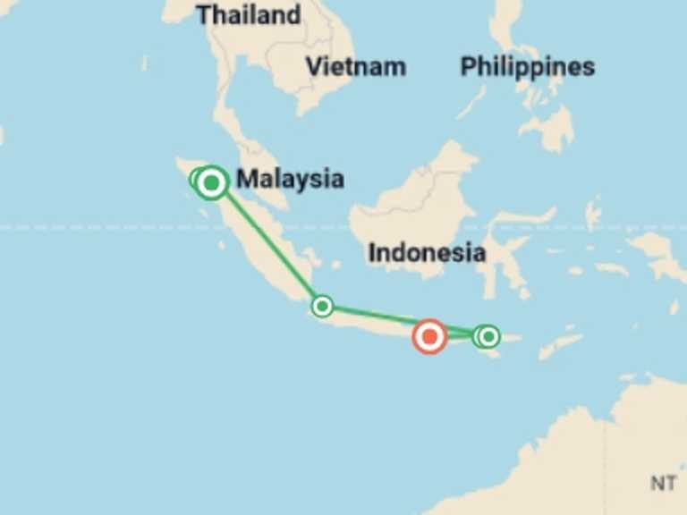 Map itinerary of Asia Tour in Fall with 9 destination visits for the trip: Primates & Dragons of Indonesia