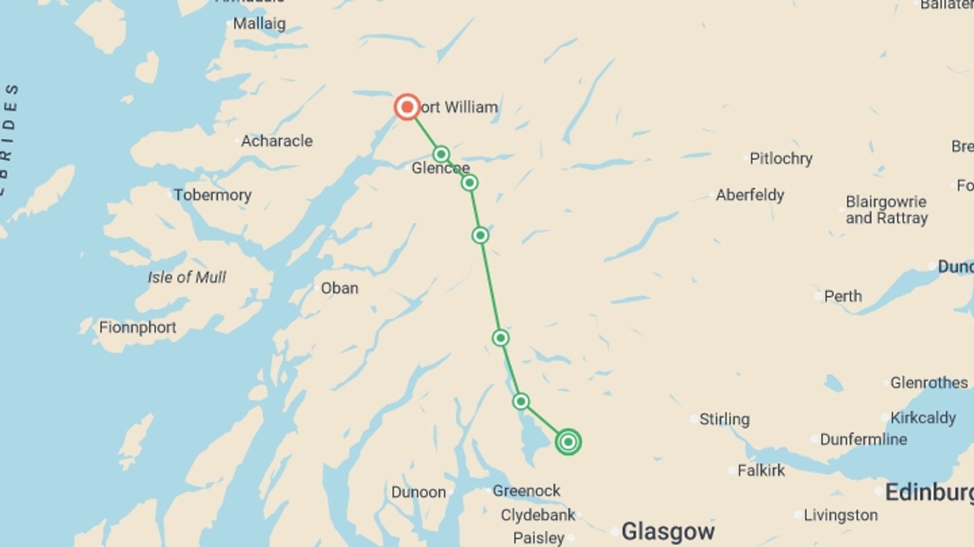 A map showing the tour itinerary for the trip: West Highland Way, starting in Drymen, Scotland and ending in Fort William, Scotland going through 5 other destinations.