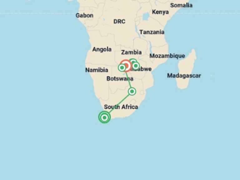 Map itinerary of Africa Tour in September 2026 with 10 destination visits for the trip: Safari Cruise along the Zambezi River - South Africa, Botswana, Namibia, Zimbabwe with extended stay at the Cape Peninsula (port-to-port cruise)