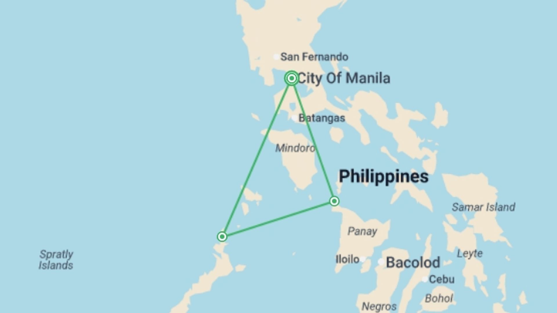 A map showing the tour itinerary for the trip: El Nido & Boracay Uncovered - 10 days, starting in Manila, Philippines and ending in Manila, Philippines going through 2 other destinations.