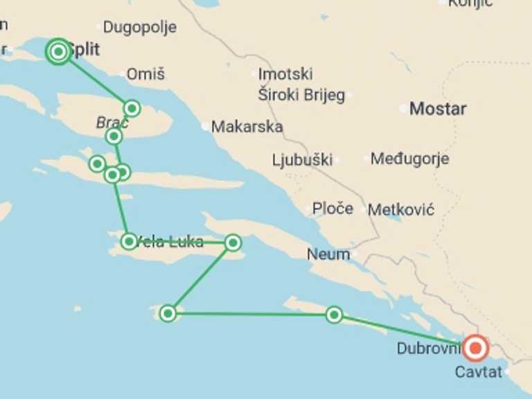 Map itinerary of Mediterranean Tour in October 2026 with 9 destination visits for the trip: Dalmatian Coast and Dubrovnik Bike and Boat