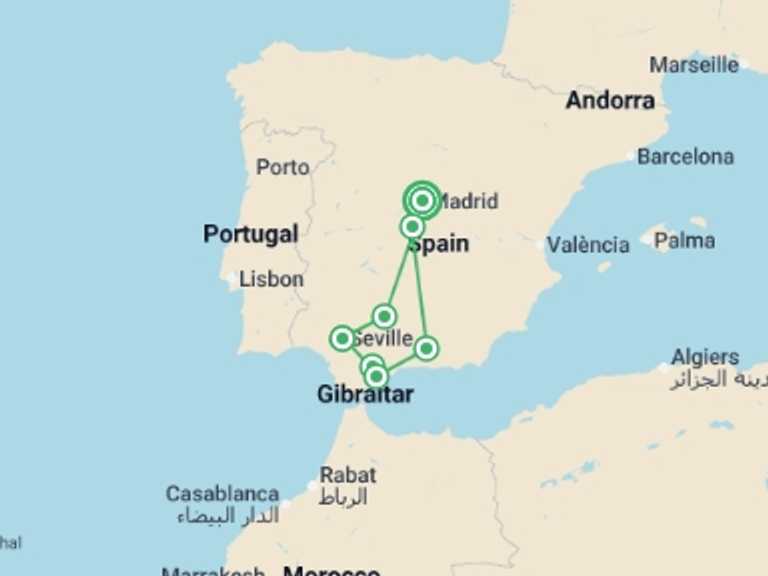 Map itinerary of Spain Tour in March 2027 with 5 destination visits for the trip: Cordoba, Seville & Costa del Sol - 9 days