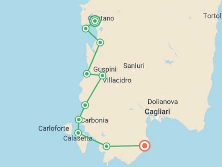 Map of Italy Tour with 8 destination visits for the trip: Cycling in Sardinia