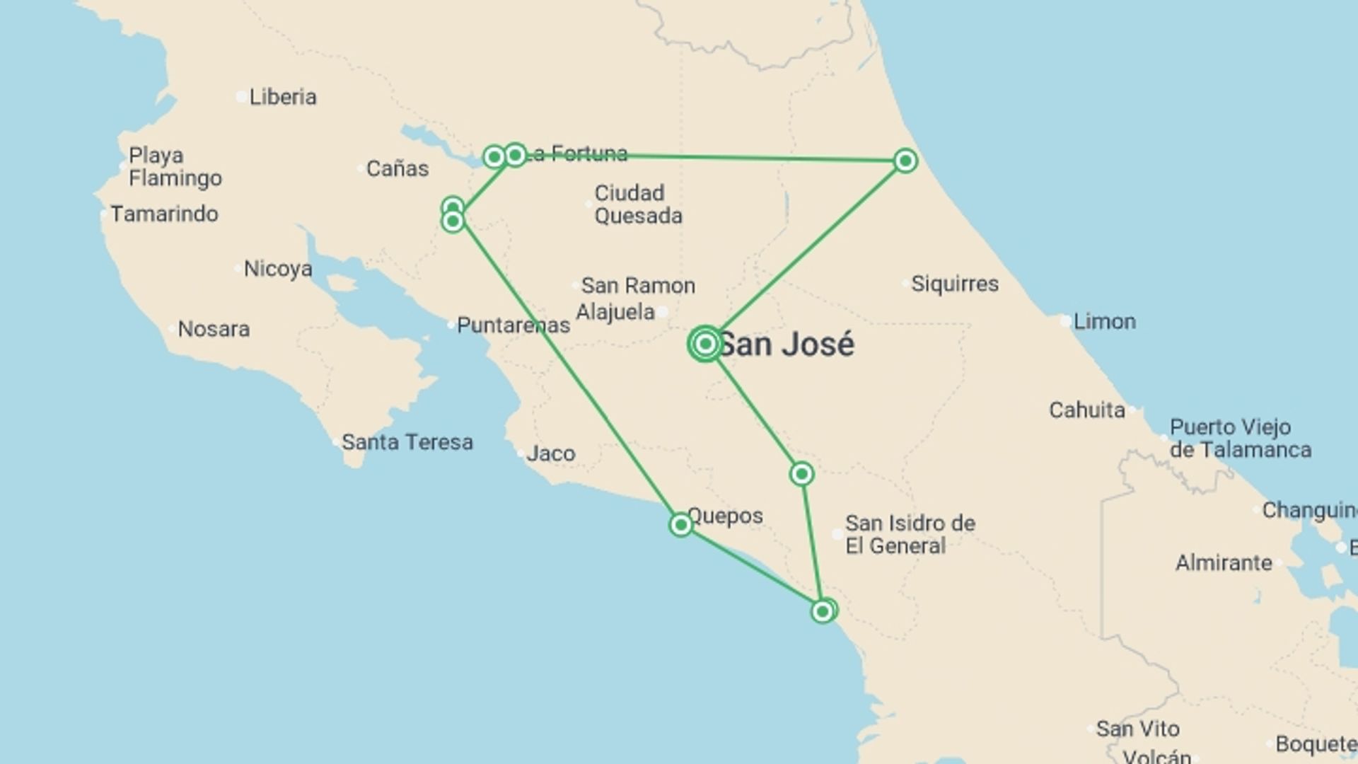 A map showing the tour itinerary for the trip: Discover Costa Rica – Coastal Edition, starting in San Jose, Costa Rica and ending in San Jose, Costa Rica going through 3 other destinations.