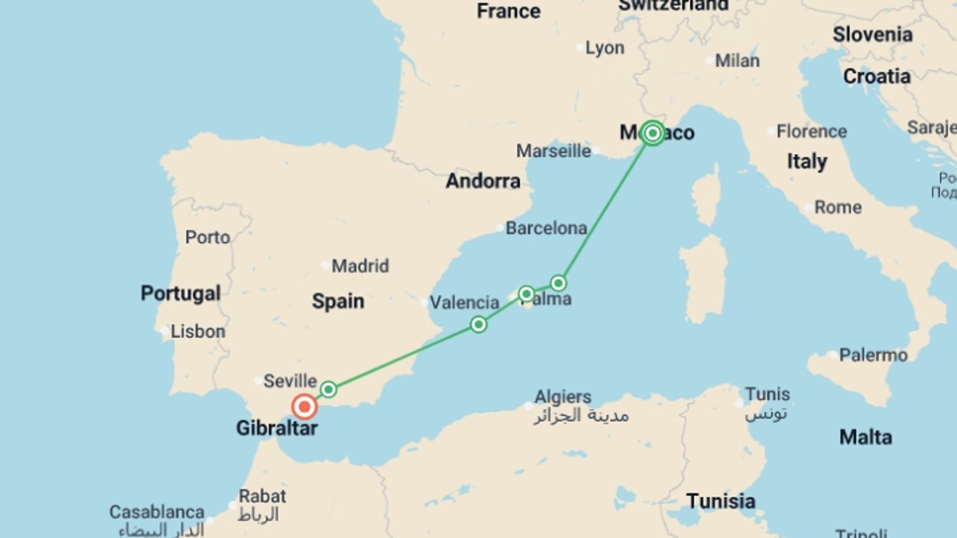 A map showing the tour itinerary for the trip: Mediterranean Legacies: From the Balearic Islands to Andalusia - Between Enchanting Islands and Moorish Treasures (port-to-port package), starting in Nice, France and ending in Malaga, Spain going through 4 other destinations.